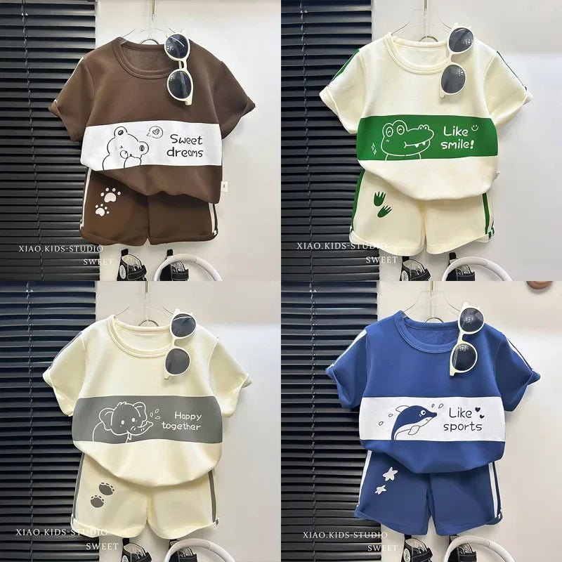Children's Top and Bottom Clothes Set Short-sleeved Suit Striped Girls Boys T-shirt Summer Children's Clothing Loungewear Outfit - TiniLoom
