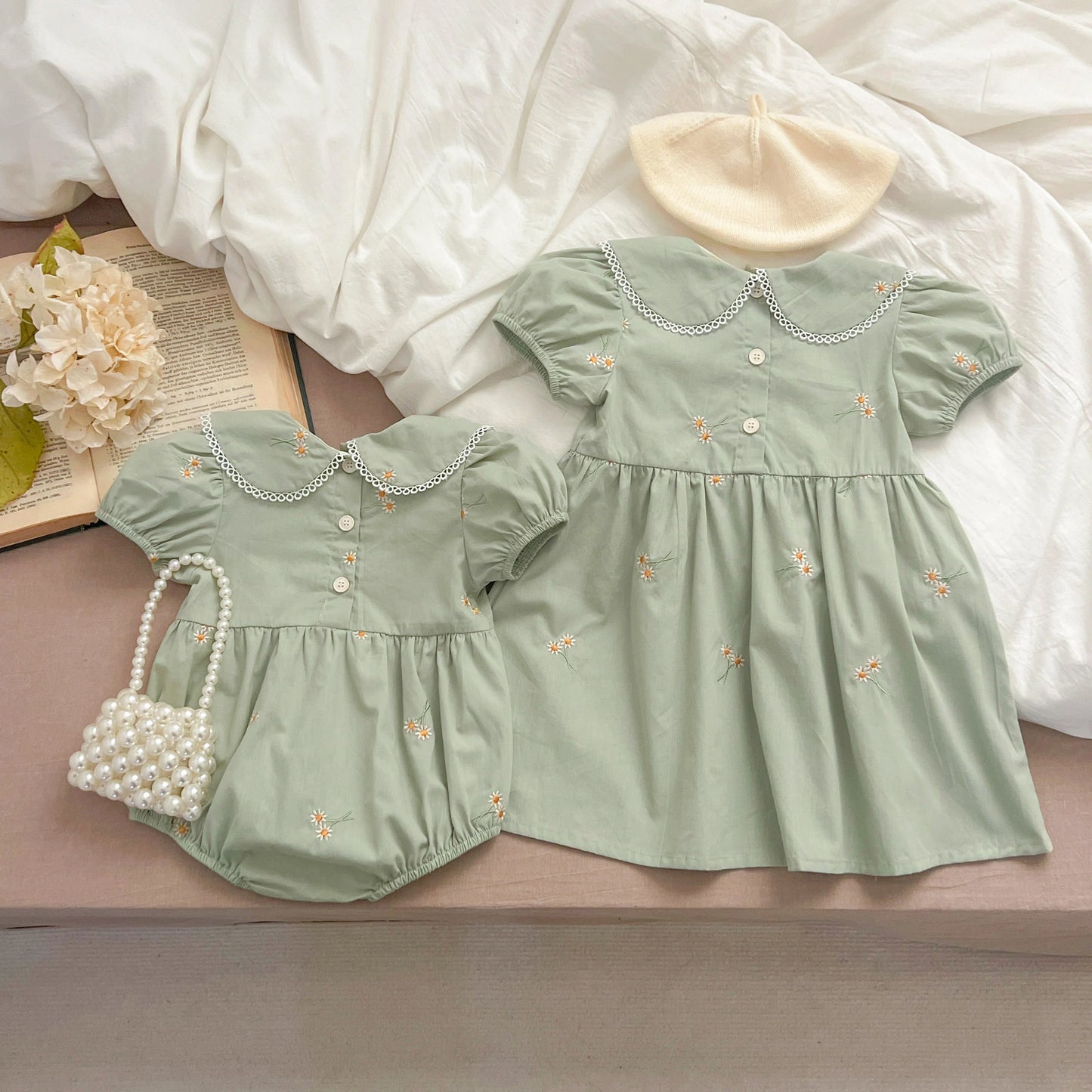 Infant Baby Girls Lace Collar Dress Rompers Sisters Clothes Kids Girls Embroider Flower Princess Dress Family Clothes Rompers
