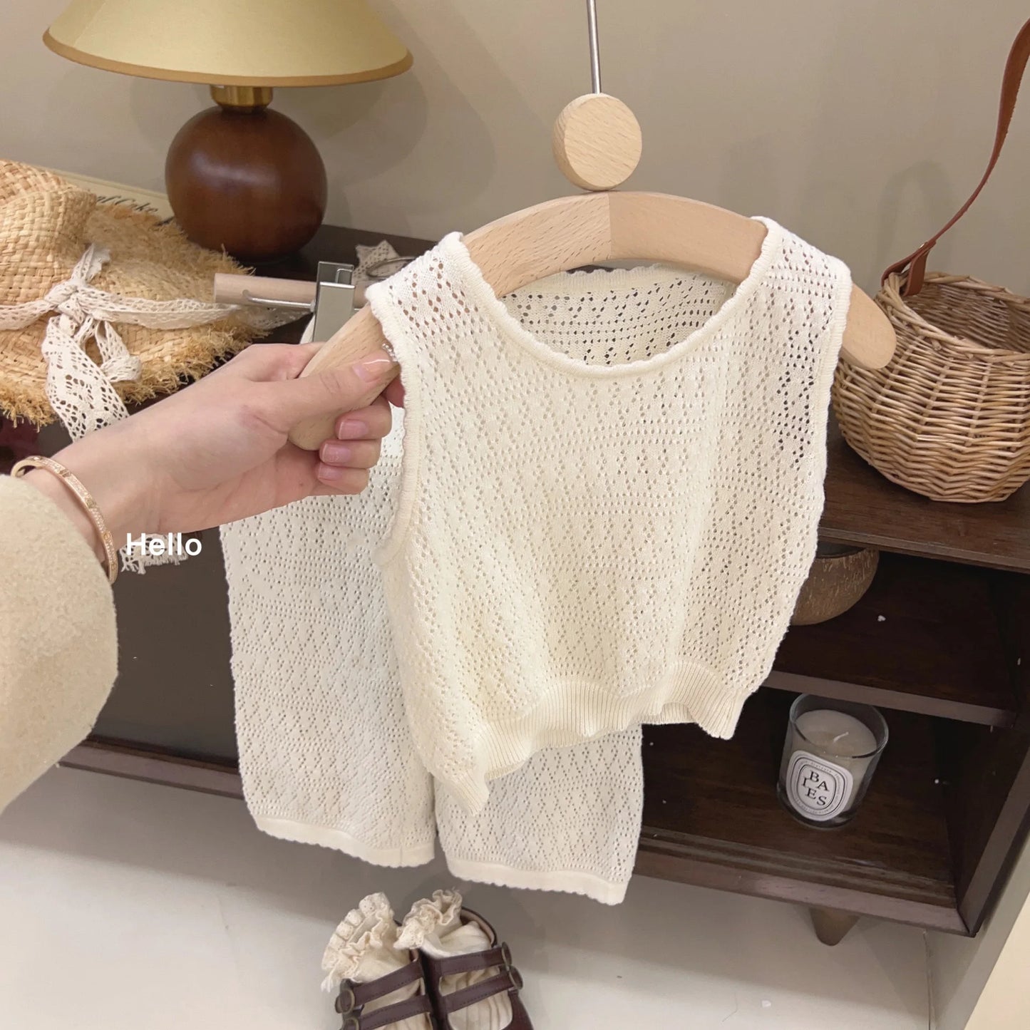 Girl's Clothing Sets 2023 Summer Korean Thin Knitted Girl Set Children Hollow Breathable Vest + Wide Leg Pants Two-piece Suit - TiniLoom