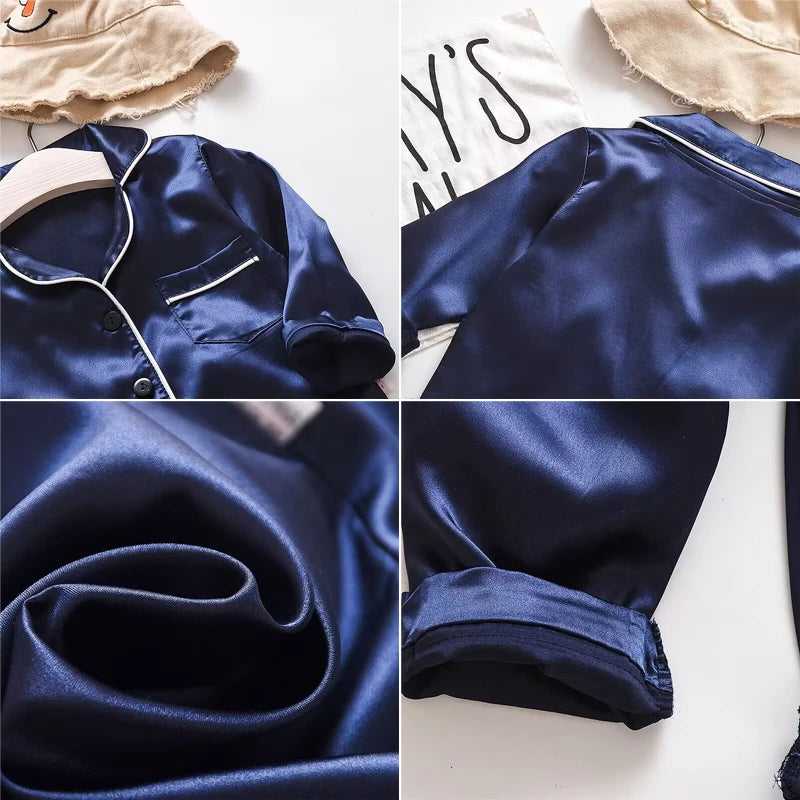 Korean version of childrens pajamas set silk satin long sleeve top+trousers two -piece male baby girl cartoon solid color set - TiniLoom