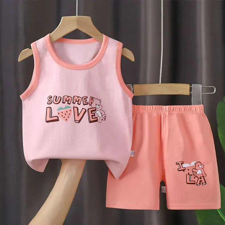 Children Sets Kids Clothes Boys Girls Vest Suit  Summer Children's Clothing baby Cotton T-Shirts Shorts Tank Top Sleeveless - TiniLoom