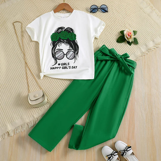 2pcs Girl Fashion Minimalist Cartoon Print Breathable round Neck Knit Top Summer Thin Wide Leg Pants Set - TiniLoom