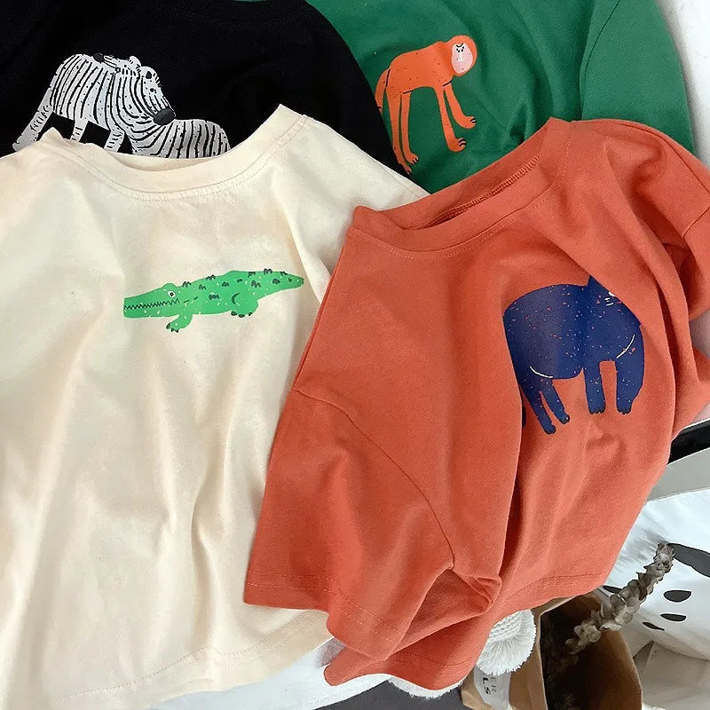 Animal Pattern Baby Boys Girls Short Sleeve Tops Kids Tees Summer Clothing Loose Fashion Trendy Children's Wear T-shirt O-neck - TiniLoom