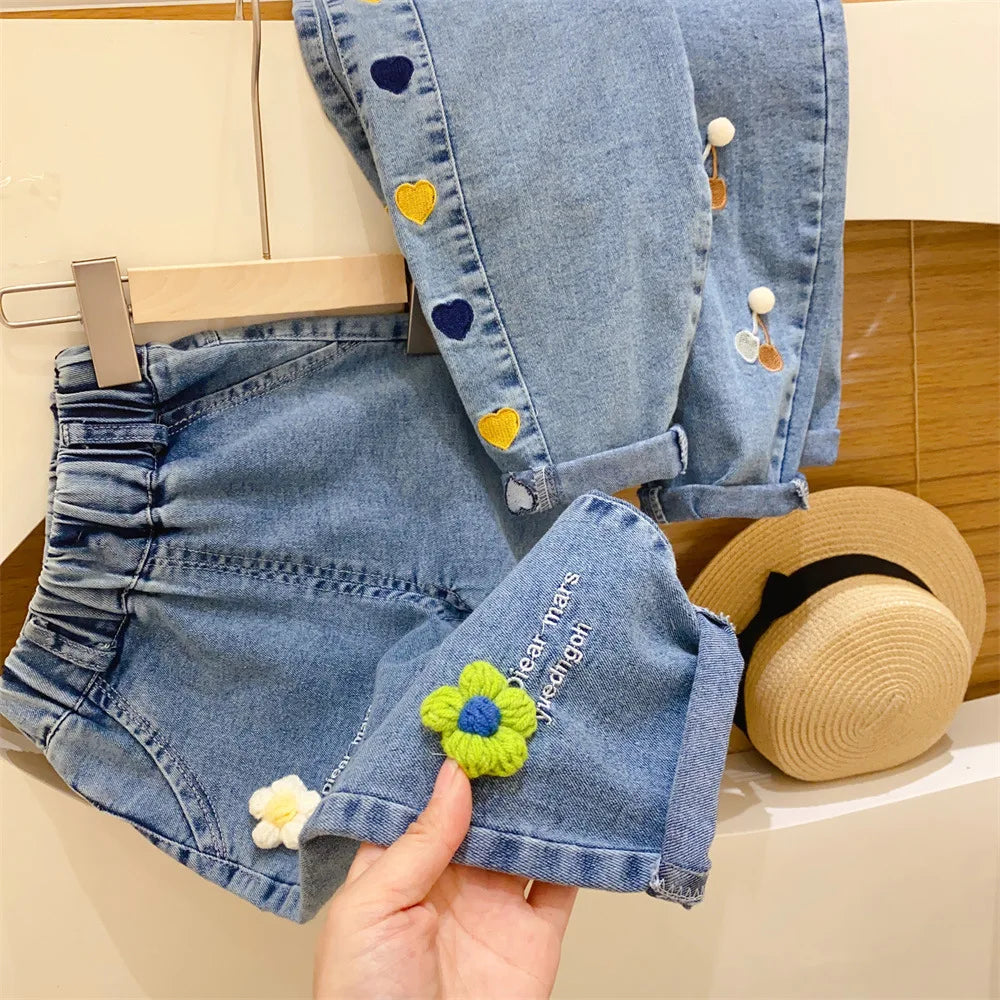 Ambroidered Flower Girl Jeans Baby Boy Kids Jeans Girl Pants Daduhey Wide Leg Pants Harem Trousers Clothes Bottoms - TiniLoom