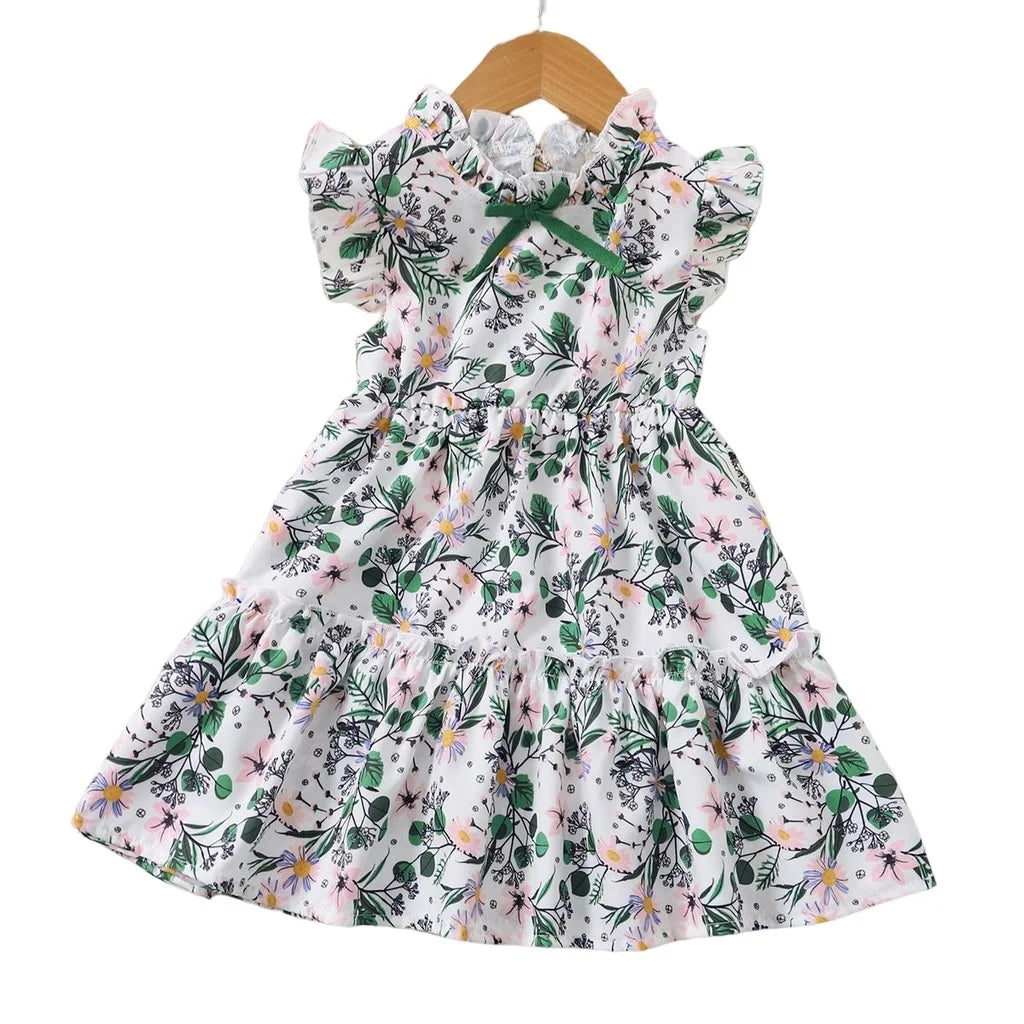 1-6 Years Kids Baby Girl Daily Dress Flowers Print Sleeveless Retro Style Lovely A- Line Summer Children Holiday Party Dresses - TiniLoom