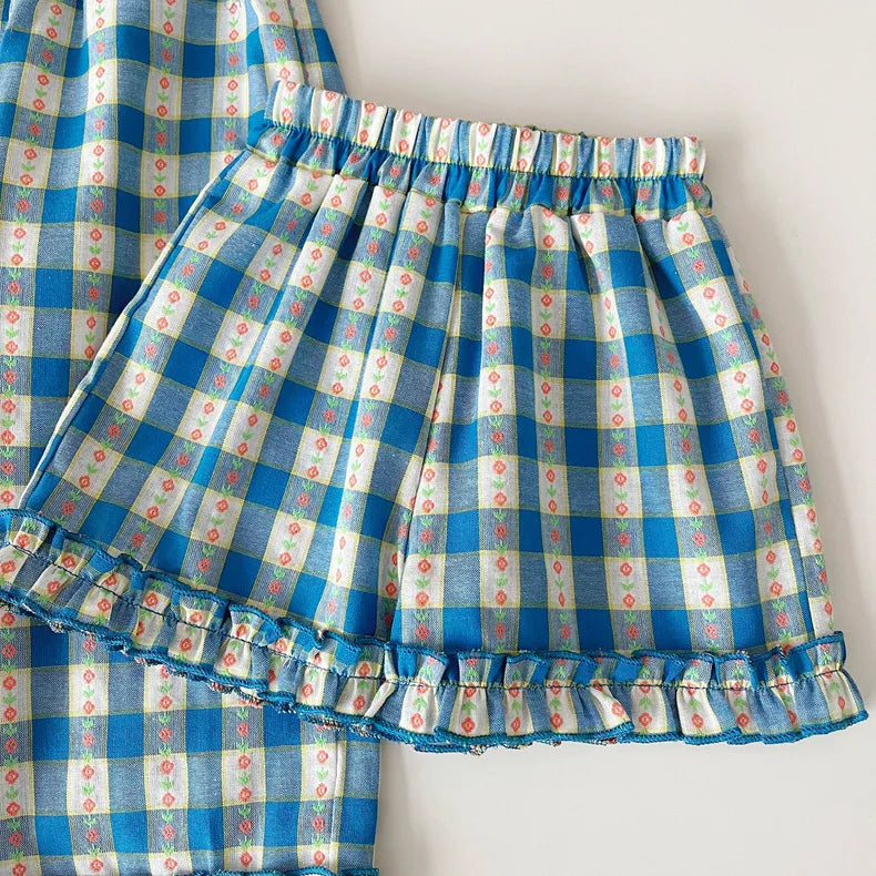 Children's Clothing Sets Blue Plaid Floral Print Sleeveless Top + Wide Leg Pants + Shorts 3 Pcs Sets Kids Clothes for Girls - TiniLoom