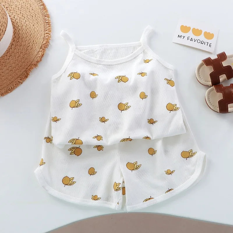 Girls Summer Clothes Sets New Baby Sleeveless Tops Shorts 2 Pieces Suit Girls Square Collar Clothing Set Kids Cotton Clothes - TiniLoom
