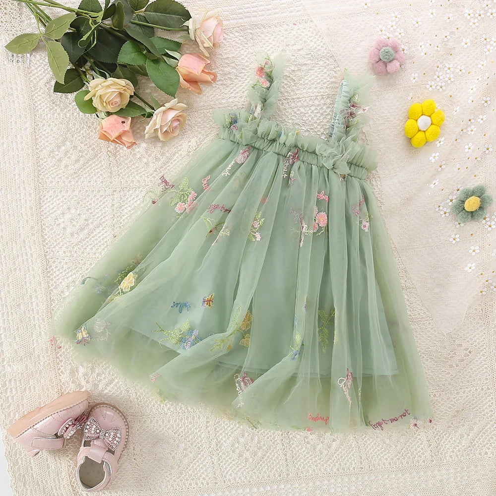Cute Toddler Girls Mesh Suspenders Bow Dress Fuffy Tulle Tutu Princess Dress Summer Baby Girls Embroidery Flower Casual Wear - TiniLoom
