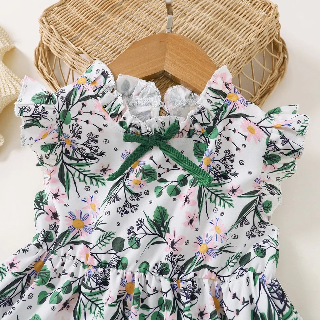 1-6 Years Kids Baby Girl Daily Dress Flowers Print Sleeveless Retro Style Lovely A- Line Summer Children Holiday Party Dresses - TiniLoom
