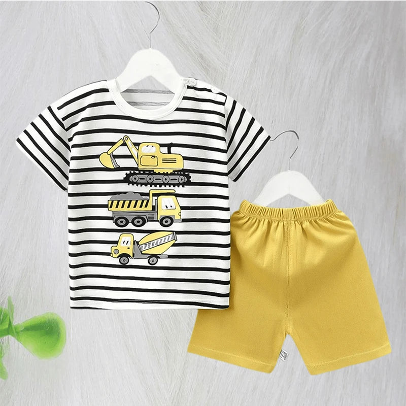 1-6 Y Kids Cartoon Excavator Striped T-Shirt+Shorts 2-Piece Set Cotton Pajama Baby Boys Girls Summer Casual Tracksuit Clothes Su - TiniLoom