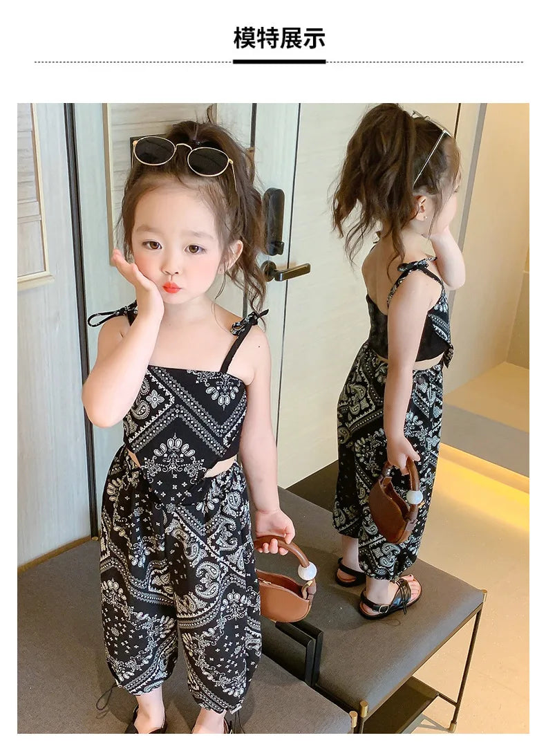 3-6Years Summer Suit Thin Girls Suit Suspender Mosquito-proof Pants Two Pieces of Cute Girl Children's Clothes - TiniLoom