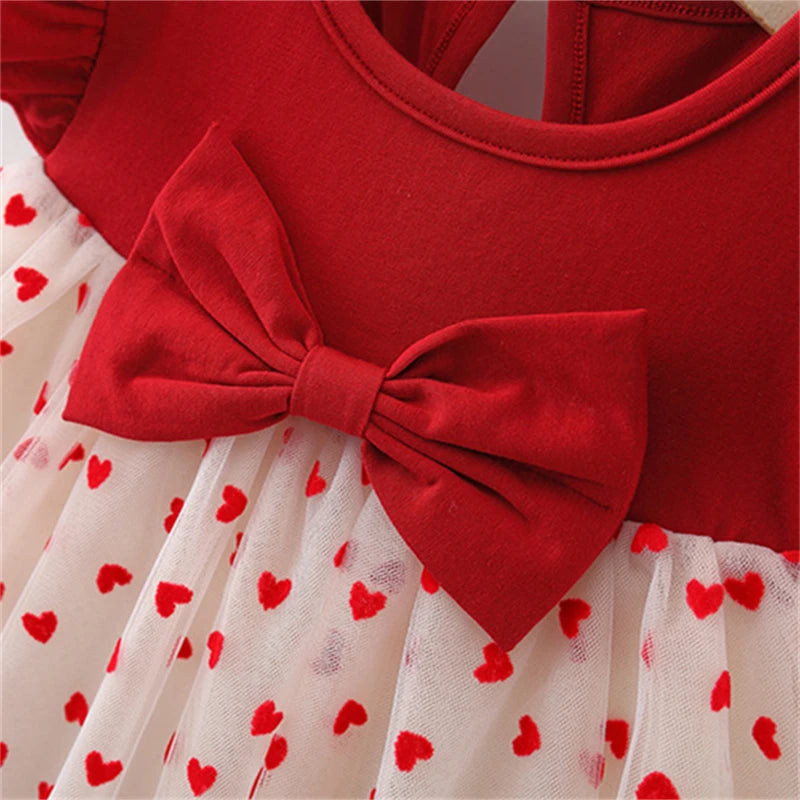 Baby Girl Red Dress Heart Embroidered Mesh Bow Tutu Dress Kids Birthday Party Clothes - TiniLoom
