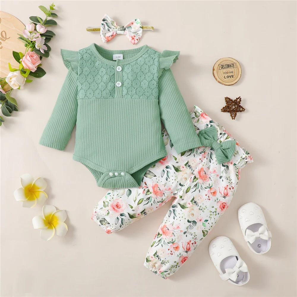 3PCS Baby Girl Clothes Set Long Sleeve Romper Top+Flowers Pant+Headband Spring&Autumn Lovely Outfit for Toddler Girl 0-18 Months - TiniLoom