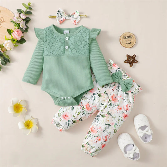 3PCS Baby Girl Clothes Set Long Sleeve Romper Top+Flowers Pant+Headband Spring&Autumn Lovely Outfit for Toddler Girl 0-18 Months - TiniLoom