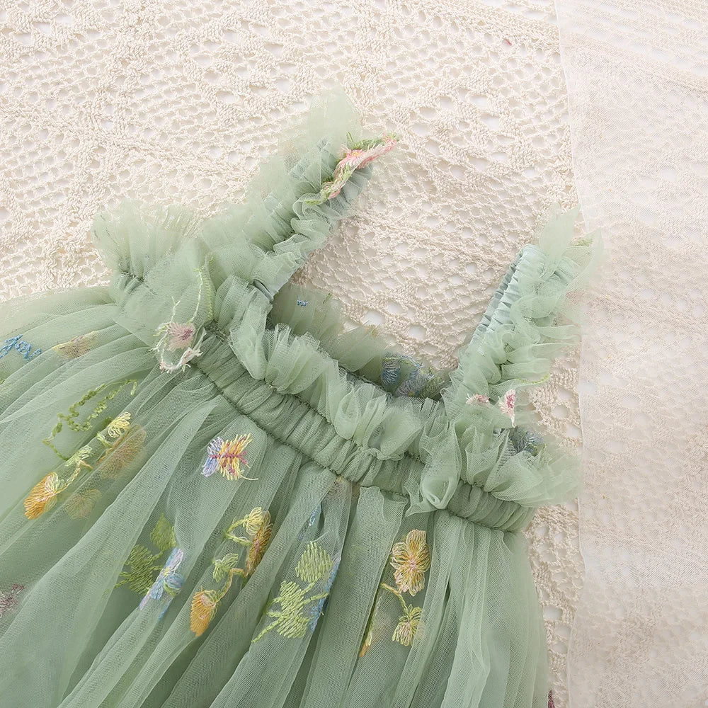Cute Toddler Girls Mesh Suspenders Bow Dress Fuffy Tulle Tutu Princess Dress Summer Baby Girls Embroidery Flower Casual Wear - TiniLoom