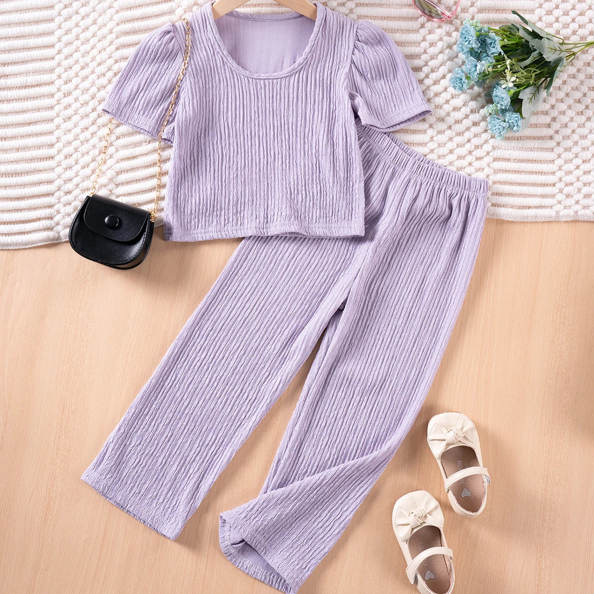 Girls Solid Color Suspenders Summer Suspenders Ruffles + Wide Leg Pants 2 Pieces Dress Set White Cute Elegant Baby Clothes - TiniLoom