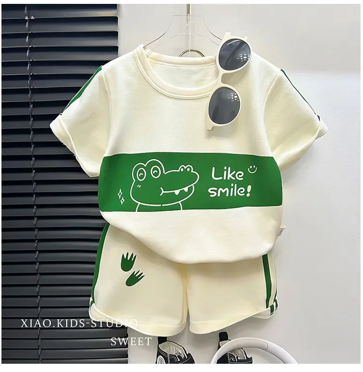 Children's Top and Bottom Clothes Set Short-sleeved Suit Striped Girls Boys T-shirt Summer Children's Clothing Loungewear Outfit - TiniLoom
