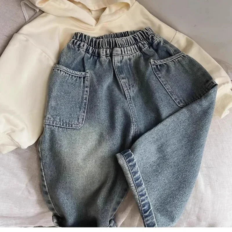2025 Spring and Autumn New Kids pants Fashion solid color Children's straight jeans Boys loose casual denim Trousers - TiniLoom