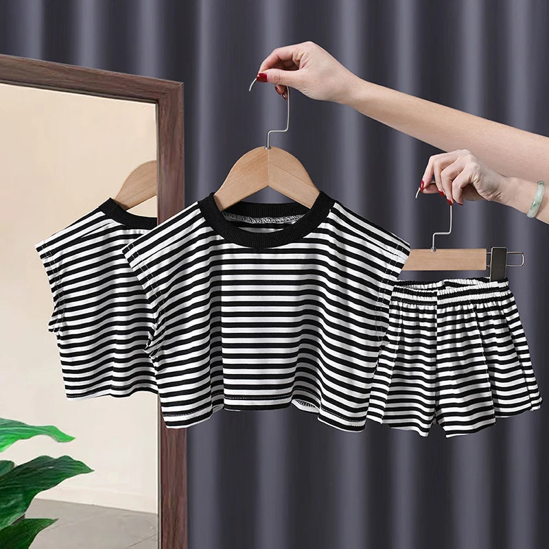 Girl's Clothing Sets 2023 Summer Korean Thin Knitted Girl Set Children Hollow Breathable Vest + Wide Leg Pants Two-piece Suit - TiniLoom