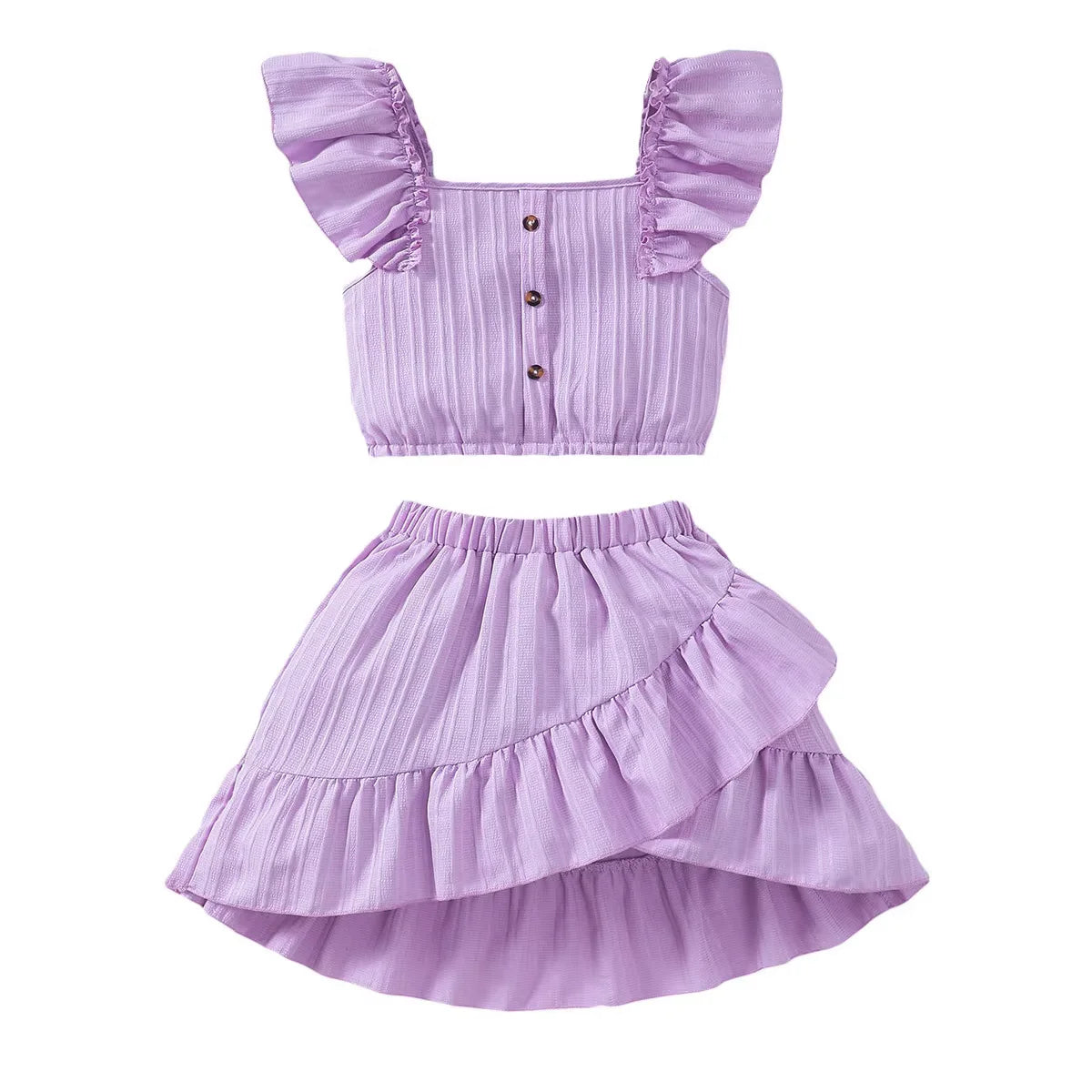Kid Girls Summer Princess Clothing Set Flutter Sleeve Plain Color Tops+Short Skirt Sweet Style Party Wear For Child 8-12 Years - TiniLoom