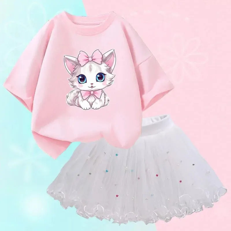 Cute Summer Girls Outfits Cartoon Cat T-shirt and Tutu Skirt 2pc/Set Girl Princess Clothes Suit Children Birthday Clothing - TiniLoom