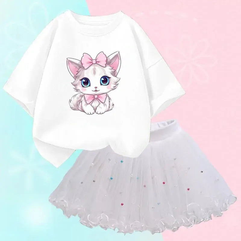 Cute Summer Girls Outfits Cartoon Cat T-shirt and Tutu Skirt 2pc/Set Girl Princess Clothes Suit Children Birthday Clothing - TiniLoom