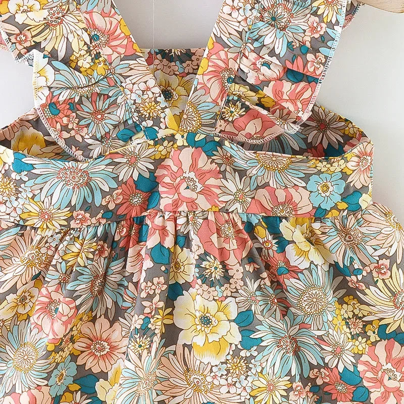 (Girls 0-3 years old)New Summer Girls Dress Halter Small Flying Sleeve Ruffled Flowers Full Print + Crossbody Bag A-line Dress - TiniLoom