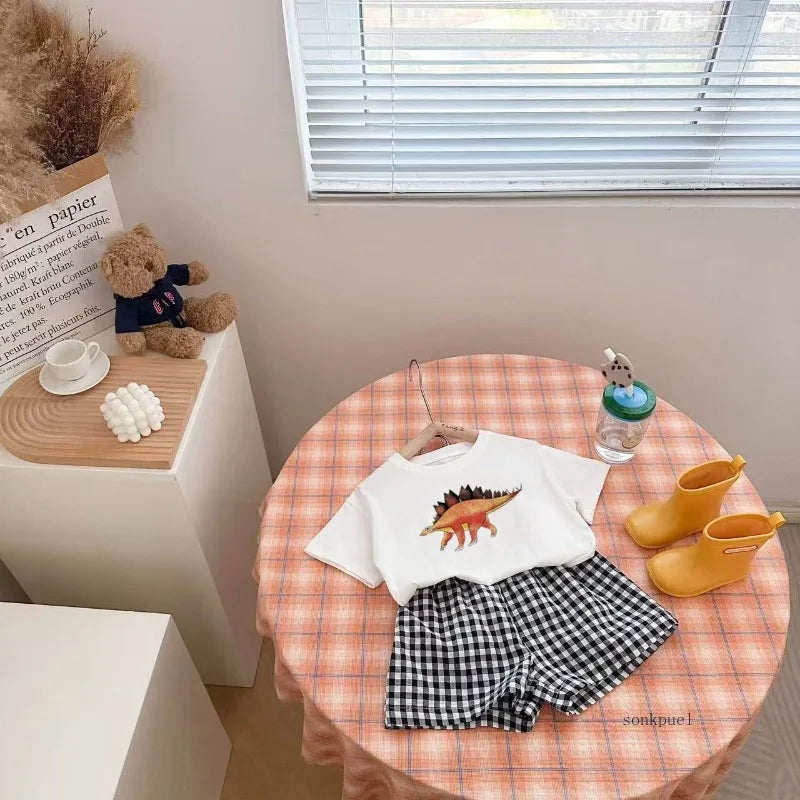 2Pcs Baby Clothes Set Newborn Boys Casual Dinosaur Print Short Sleeved T-shirt+plaid Shorts Toddler Girl Summer Kids Outfit Set - TiniLoom