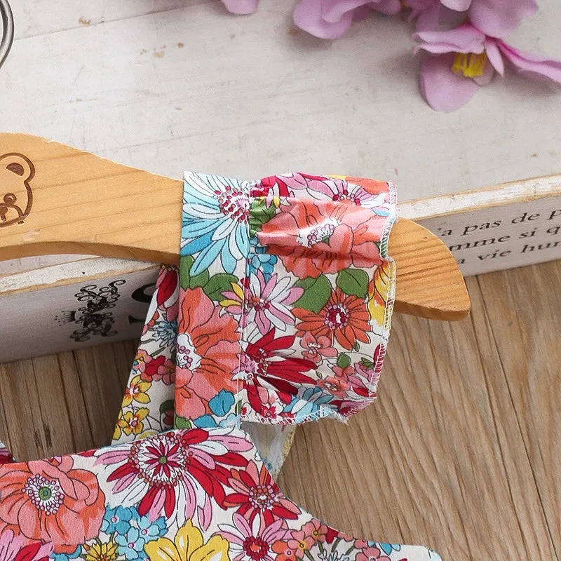 (Girls 0-3 years old)New Summer Girls Dress Halter Small Flying Sleeve Ruffled Flowers Full Print + Crossbody Bag A-line Dress - TiniLoom
