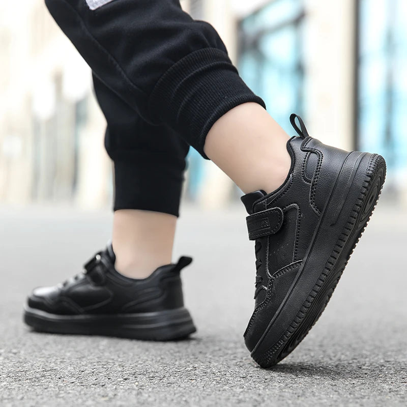 Children Sneaker Boys Casual Shoes Black Leather Flat Student Walking Shoes Non-slip Girl Lightweight Sports Tennis Footwear - TiniLoom