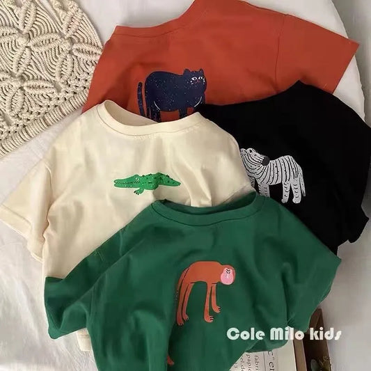 Animal Pattern Baby Boys Girls Short Sleeve Tops Kids Tees Summer Clothing Loose Fashion Trendy Children's Wear T-shirt O-neck - TiniLoom