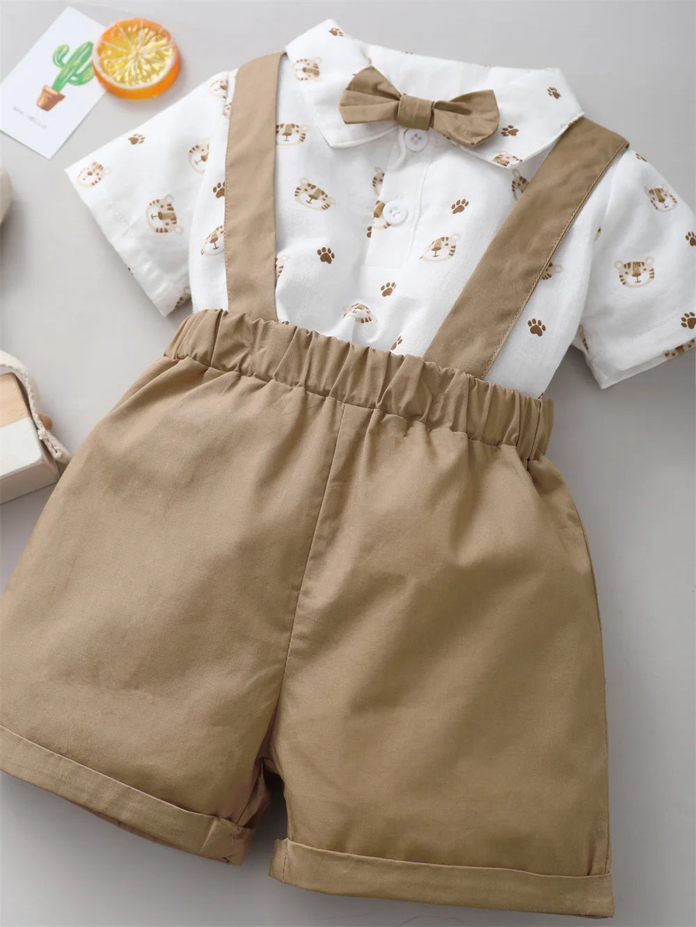 2PCS Infant Boy Clothes Set Tiger Print Short Sleeve with Bow+Strap Shorts Casual Party Birthday Suit for Toddler Boy 0-2 Years - TiniLoom