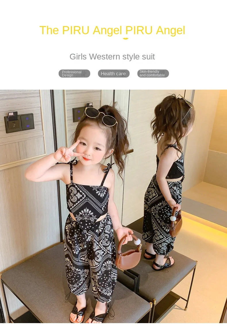 3-6Years Summer Suit Thin Girls Suit Suspender Mosquito-proof Pants Two Pieces of Cute Girl Children's Clothes - TiniLoom