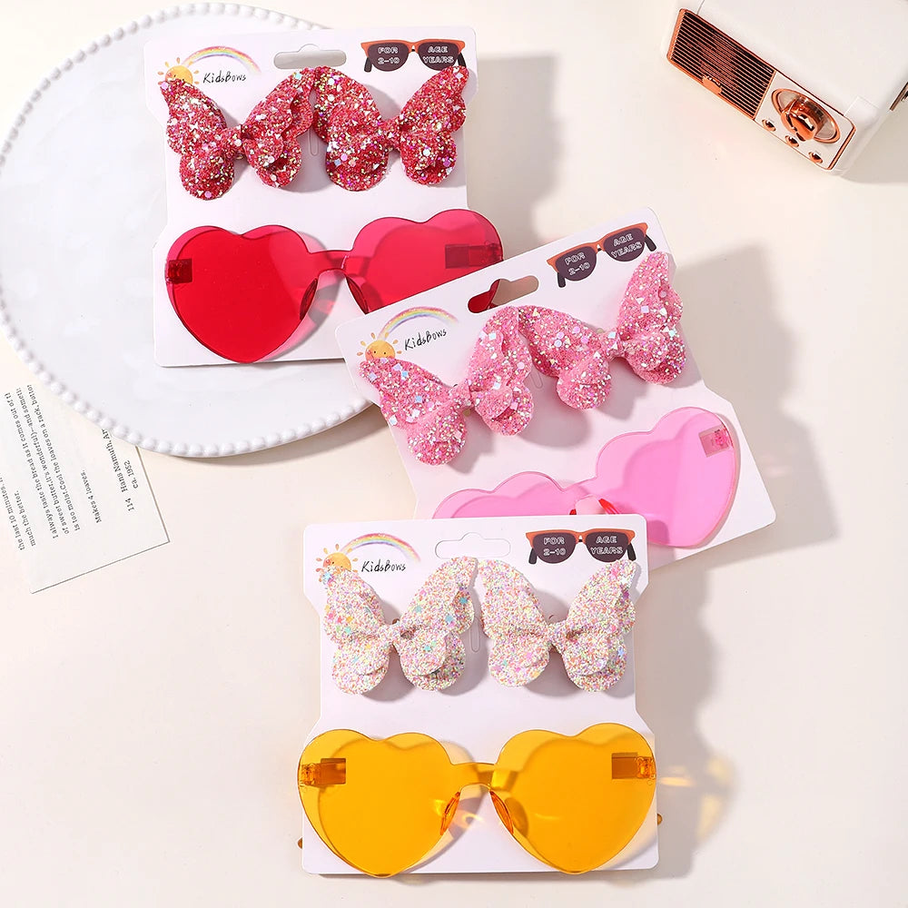 BABY BOWS Butterfly Hairclip Set for Kids Lovely Glasses Accessories Fashion Party Girls Dress Hairpins Headband Gift Set