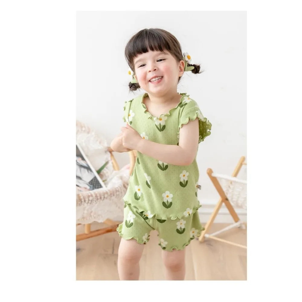Bear Leader Summer New Pajama Baby Girl Clothes 3-7 Years Old Flower Printed Short Sleeved Top + Shorts Cute Children's Set - TiniLoom