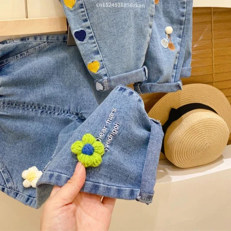 Ambroidered Flower Girl Jeans Baby Boy Kids Jeans Girl Pants Daduhey Wide Leg Pants Harem Trousers Clothes Bottoms - TiniLoom