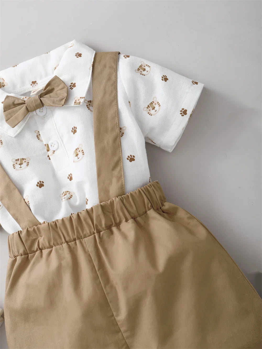 2PCS Infant Boy Clothes Set Tiger Print Short Sleeve with Bow+Strap Shorts Casual Party Birthday Suit for Toddler Boy 0-2 Years - TiniLoom