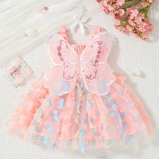 Baby Girl Dress Summer Butterfly Mesh Suspender Girl Dress Cute Back Wings Girl Wedding Flower Girl Dress - TiniLoom