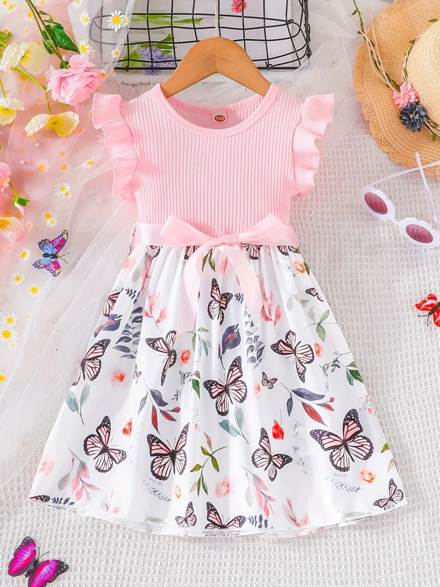 Set For Kids  Girl 3-7 Years old Ruffled Sleeve Butterfly Floral Tulle Cute Princess Formal Dresses with Belt Ootd For Baby Girl - TiniLoom
