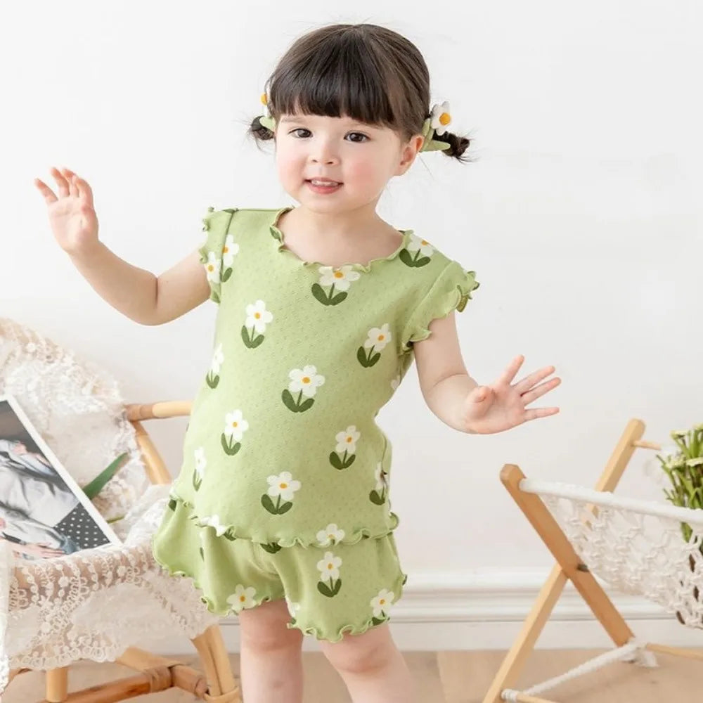 Bear Leader Summer New Pajama Baby Girl Clothes 3-7 Years Old Flower Printed Short Sleeved Top + Shorts Cute Children's Set - TiniLoom