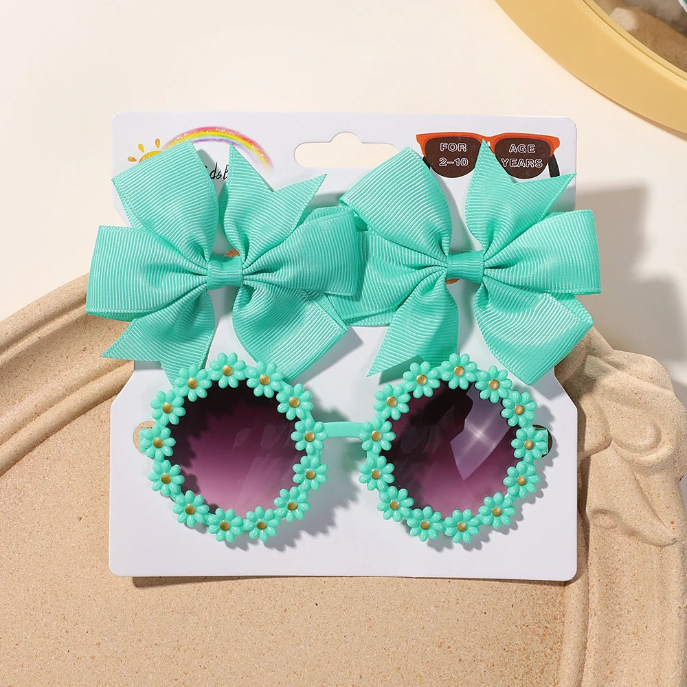 3Pcs/set Cheer Bow Hairclips Retro Flower Sunglasses for Kids Printing Handmade Hairgripes Girls Headwear Glasses Accessories - TiniLoom