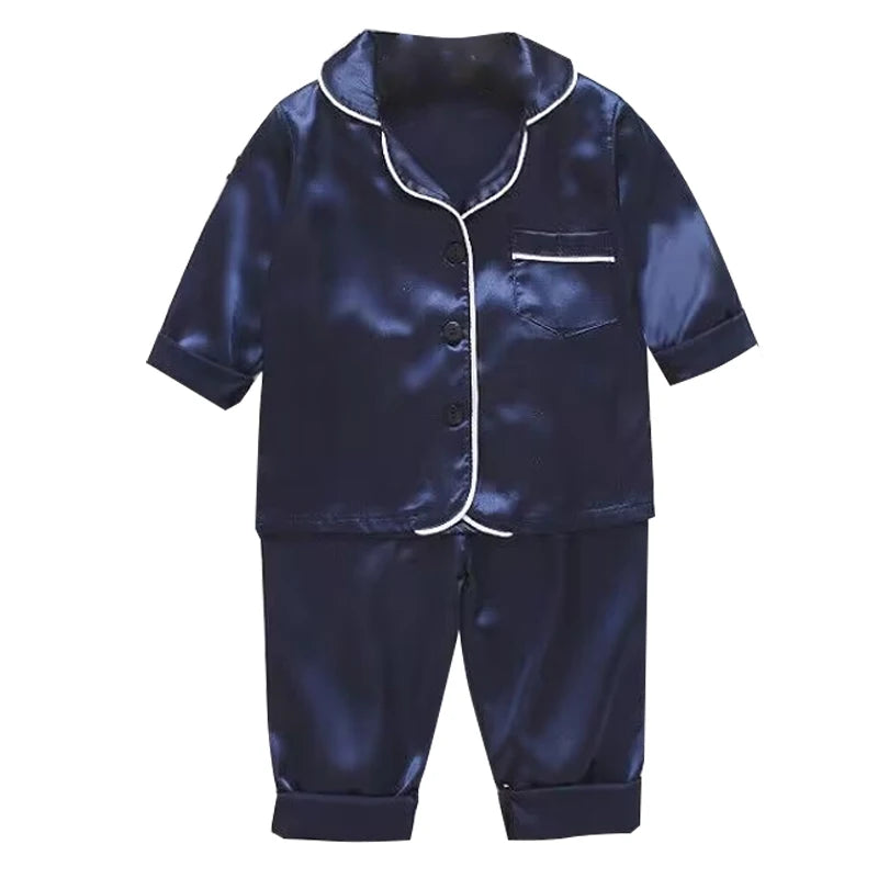 Korean version of childrens pajamas set silk satin long sleeve top+trousers two -piece male baby girl cartoon solid color set - TiniLoom