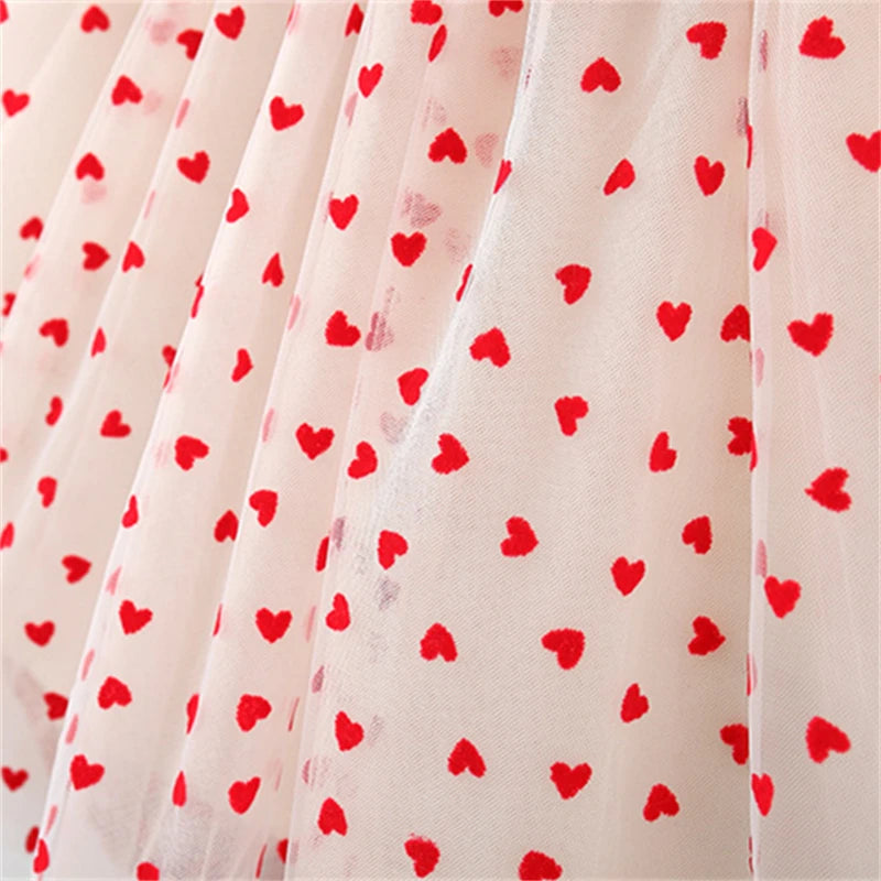 Baby Girl Red Dress Heart Embroidered Mesh Bow Tutu Dress Kids Birthday Party Clothes - TiniLoom