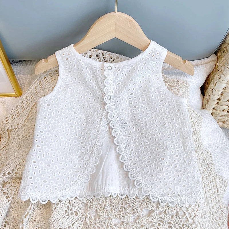 Girls 2024 Summer Clothing Sets Hollow Lace Suit Baby Casual Sleeveless T-shirt+Shorts Kids Clothing Sets Baby Clothes Outfits - TiniLoom