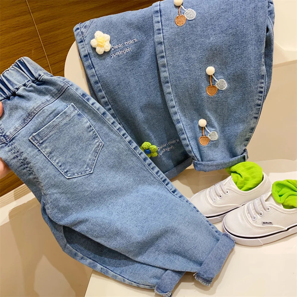 Ambroidered Flower Girl Jeans Baby Boy Kids Jeans Girl Pants Daduhey Wide Leg Pants Harem Trousers Clothes Bottoms - TiniLoom