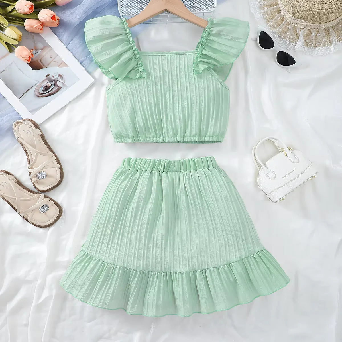 Kid Girls Summer Princess Clothing Set Flutter Sleeve Plain Color Tops+Short Skirt Sweet Style Party Wear For Child 8-12 Years - TiniLoom