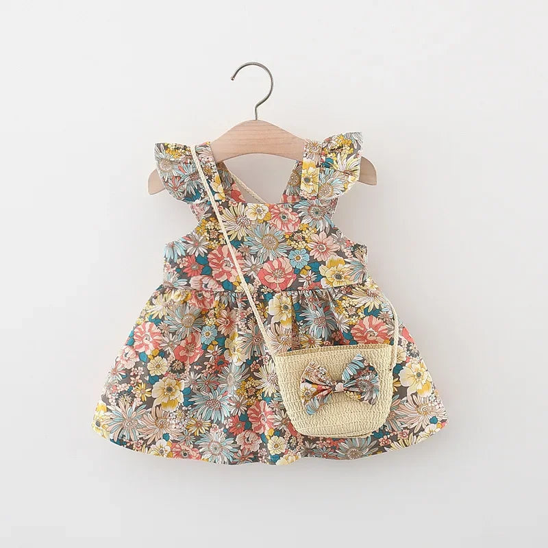 (Girls 0-3 years old)New Summer Girls Dress Halter Small Flying Sleeve Ruffled Flowers Full Print + Crossbody Bag A-line Dress - TiniLoom