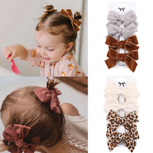 4Pcs/set Leopard Dot Print Bowknot Hair Bow Clips Baby Girls Lace Cotton Linen Barrettes Safety Hairpins Headwear Accessories - TiniLoom
