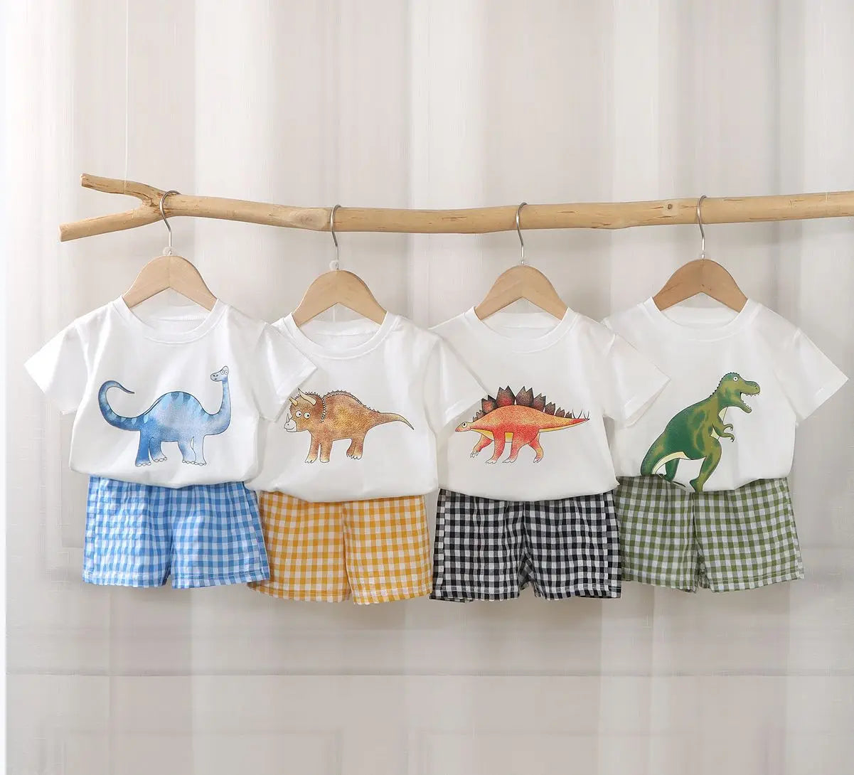 2Pcs Baby Clothes Set Newborn Boys Casual Dinosaur Print Short Sleeved T-shirt+plaid Shorts Toddler Girl Summer Kids Outfit Set - TiniLoom