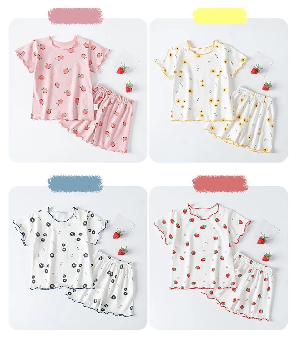 Girls Summer Pajama Sets Stylish Cartoon Pattern Printing Short Sleeve Top and Pants Made from Luxurious Cozy Ice Silk Material - TiniLoom